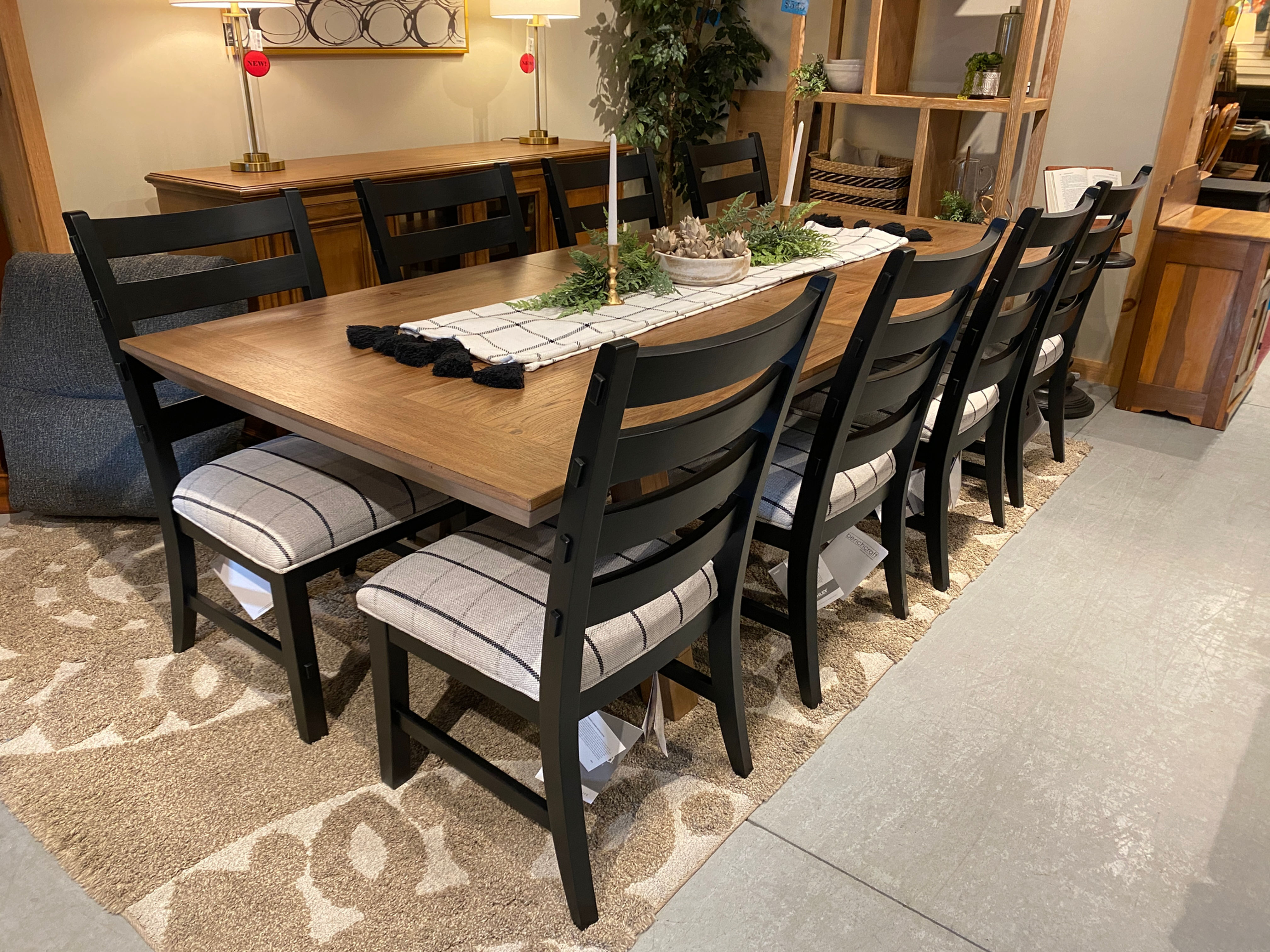 RIDGESTER RUSTIC HICKORY FINISH TABLE & 8 BLACK CHAIRS, 2 LEAVES