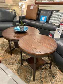ROUND DARK OAK FINISH & METAL COFFEE TABLE SET