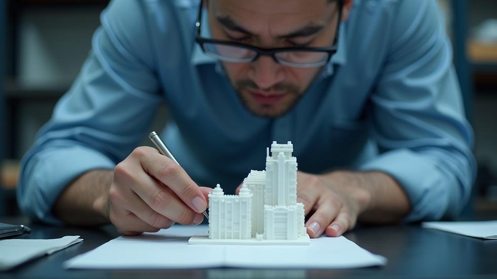 Eye-level view of an engineer inspecting a 3D printed prototype