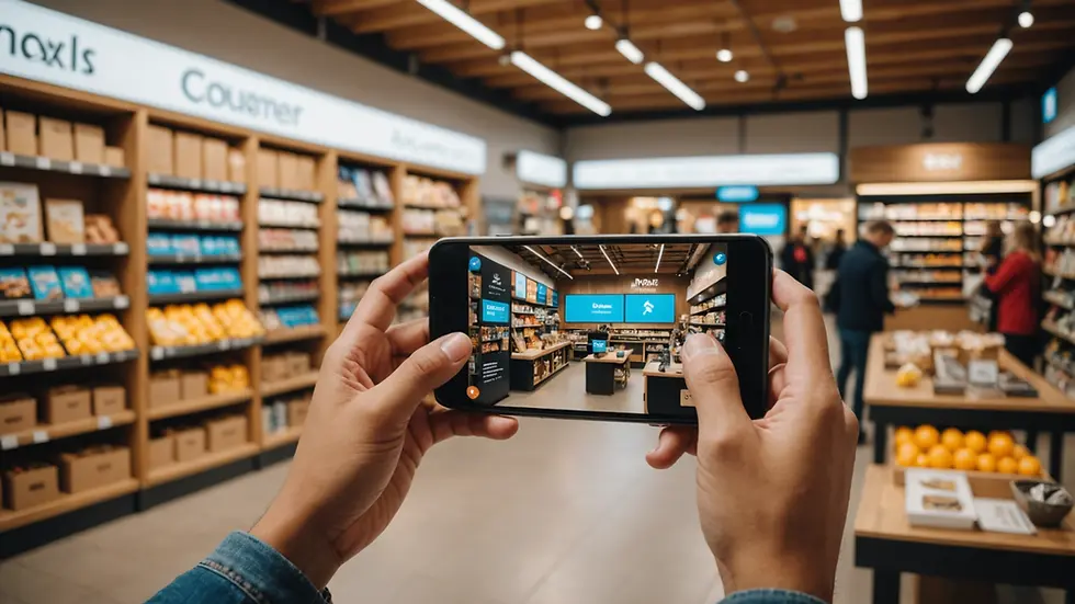 Wide angle view of a consumer using augmented reality in a retail setting