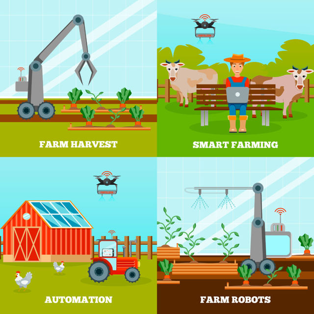 Animated grid style image of farm harvest, smart farming, automation and farm robots