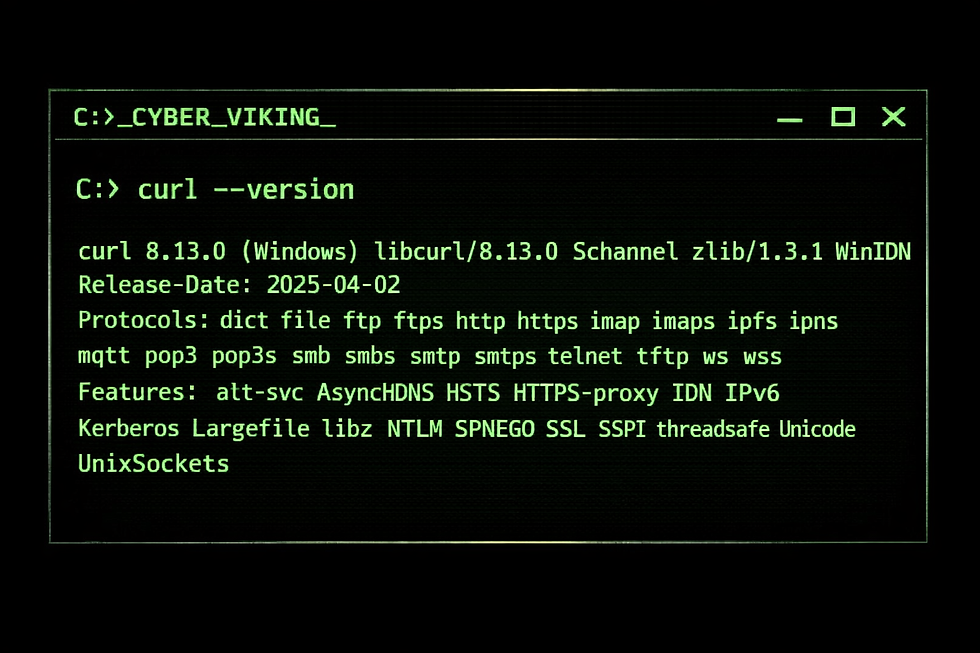 Command Prompt output showing the installed cURL version, supported protocols, and features—confirming the tool is ready for use on your system.