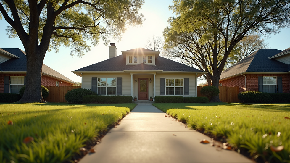 Eye-level view of a Texas neighborhood with various homes