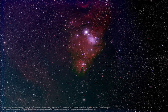 NGC 2264 is the designation number of the New General Catalogue that identifies two astronomical objects as a single object: the Cone Nebula and the Christmas Tree Cluster.