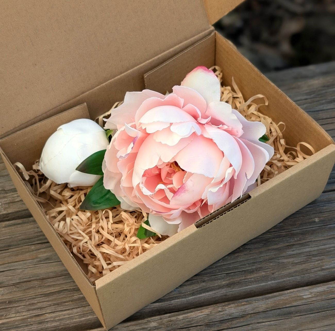 Blushing Moon Peony sample box with pink and white faux peonies