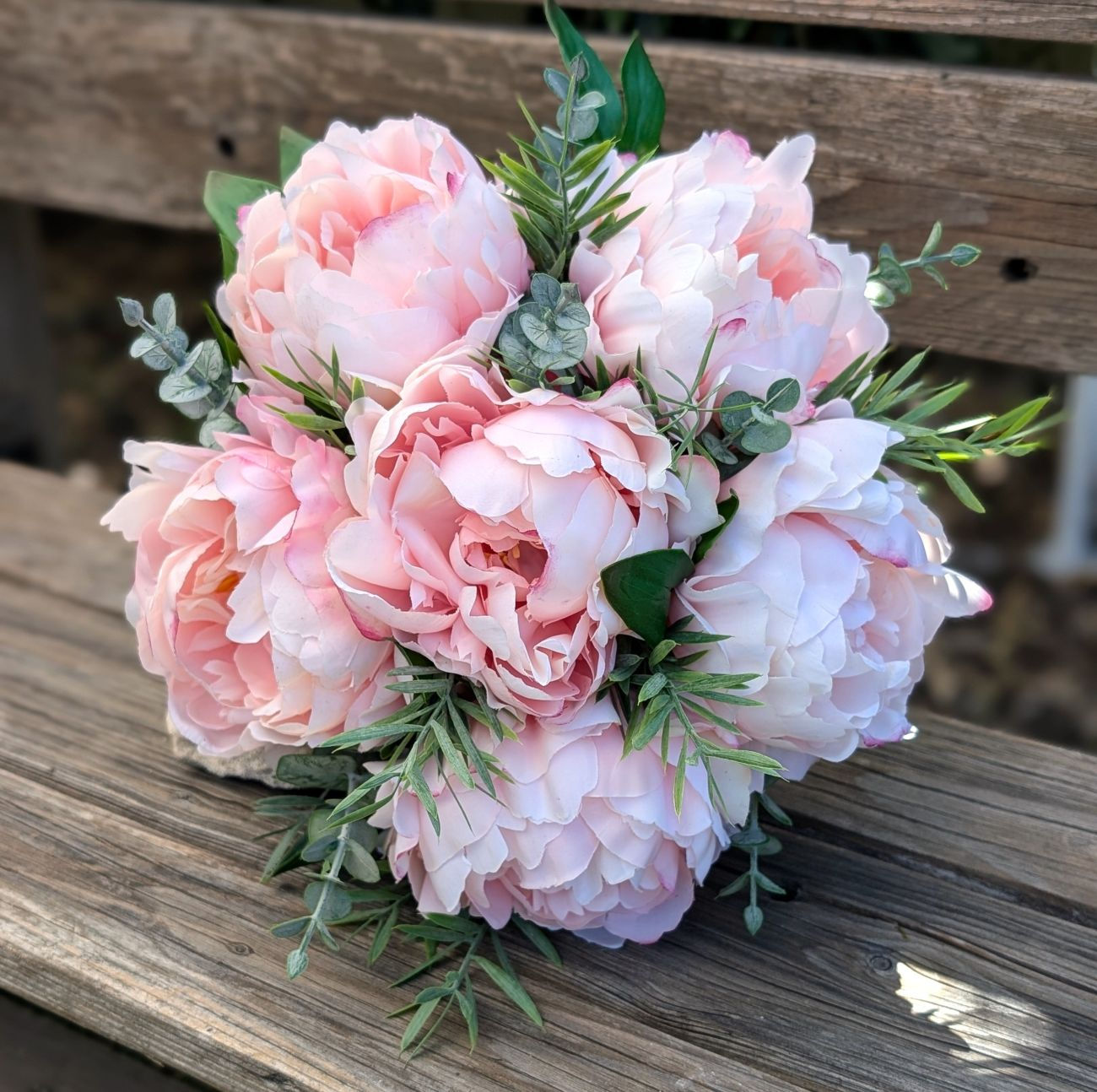 Dawn Peony bridal bouquet with pale pink faux peonies and grey green eucalyptus foliage
