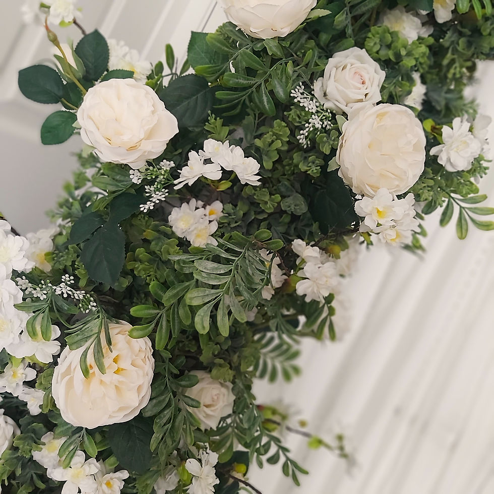 Two piece wedding flower arch with faux white flowers