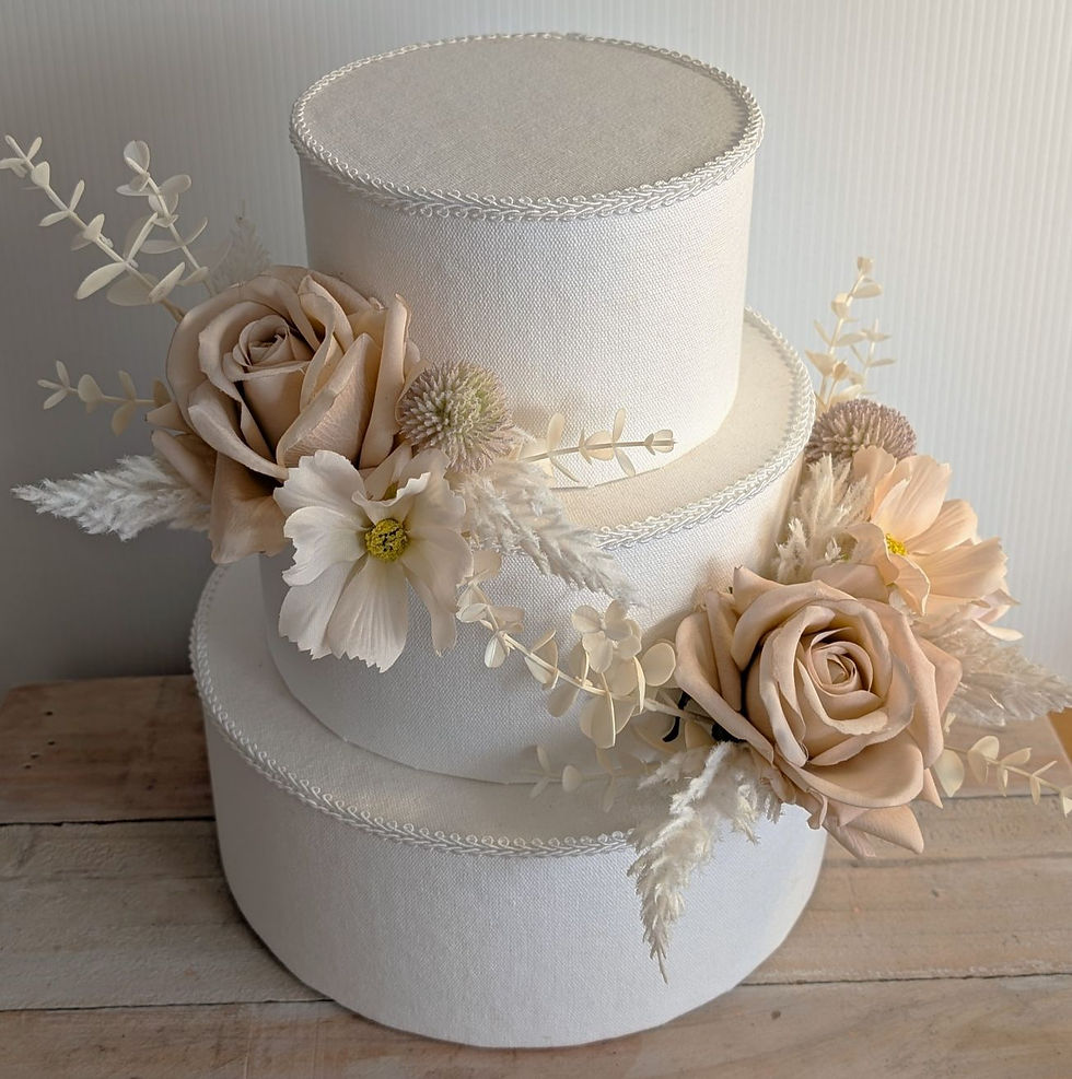 Thumbnail: Boho Bliss faux cake flowers with latte real-touch roses, pampas grass, and white eucalyptus – artificial wedding cake decora