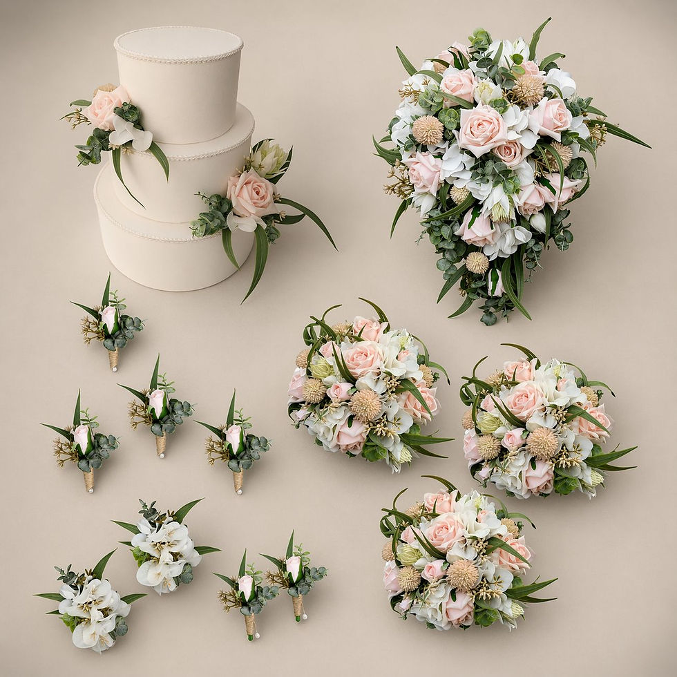 Eucalyptus Blush full artificial wedding flower package with teardrop bouquet and eucalyptus flowers Australia