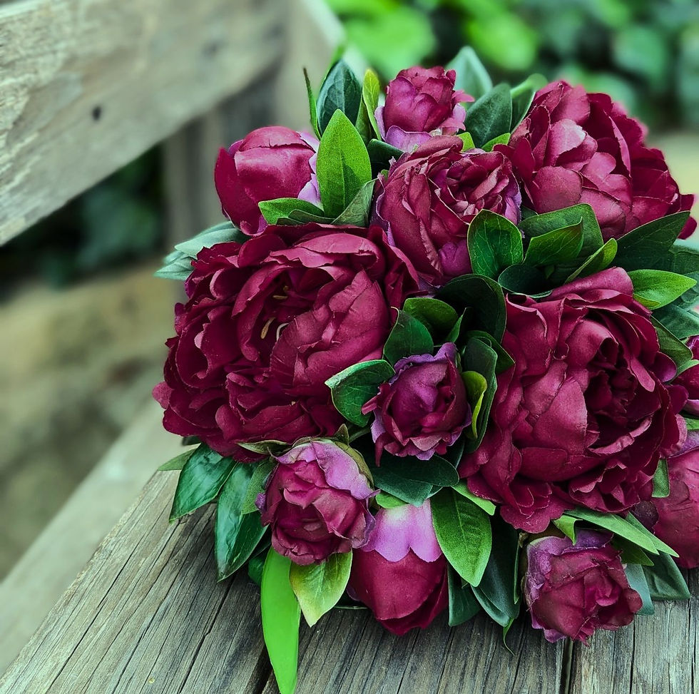 Midnight Peony artificial bridal bouquet with dark burgundy peonies and green foliage