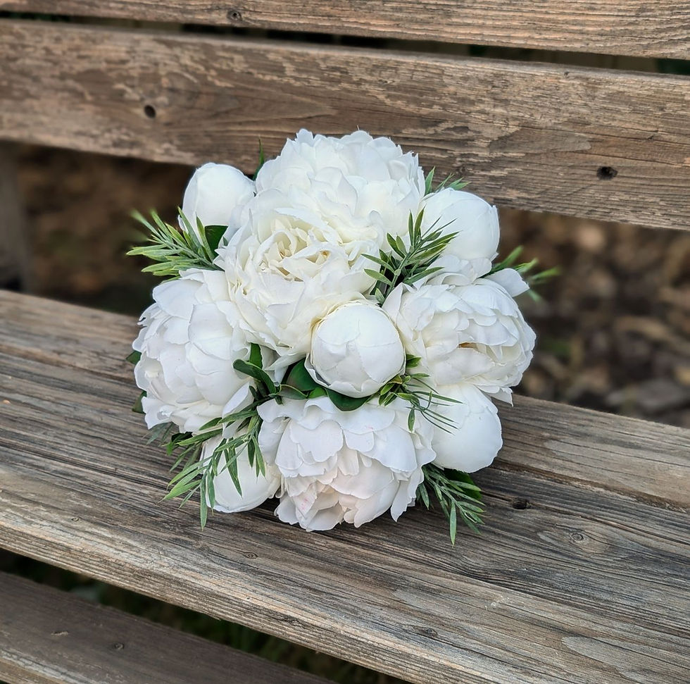 Thumbnail: Moonlight Peony bridal bouquet with white faux peonies and soft grey green foliage