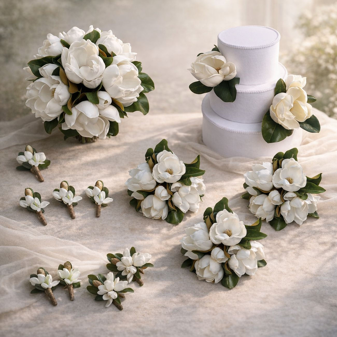 Sweet Magnolia full artificial wedding flower package with white magnolia flowers and corsages Australia