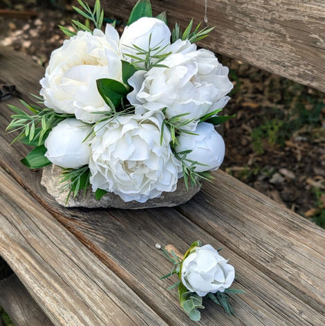 Moonlight Peony collection white faux peony wedding bouquets with grey green foliage
