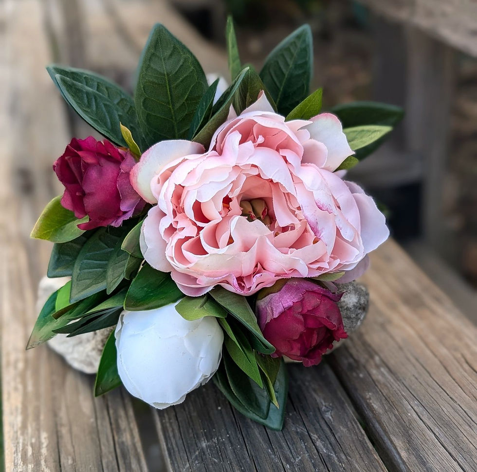 Twilight Peony flower girl posy with white, pink and burgundy faux peonies
