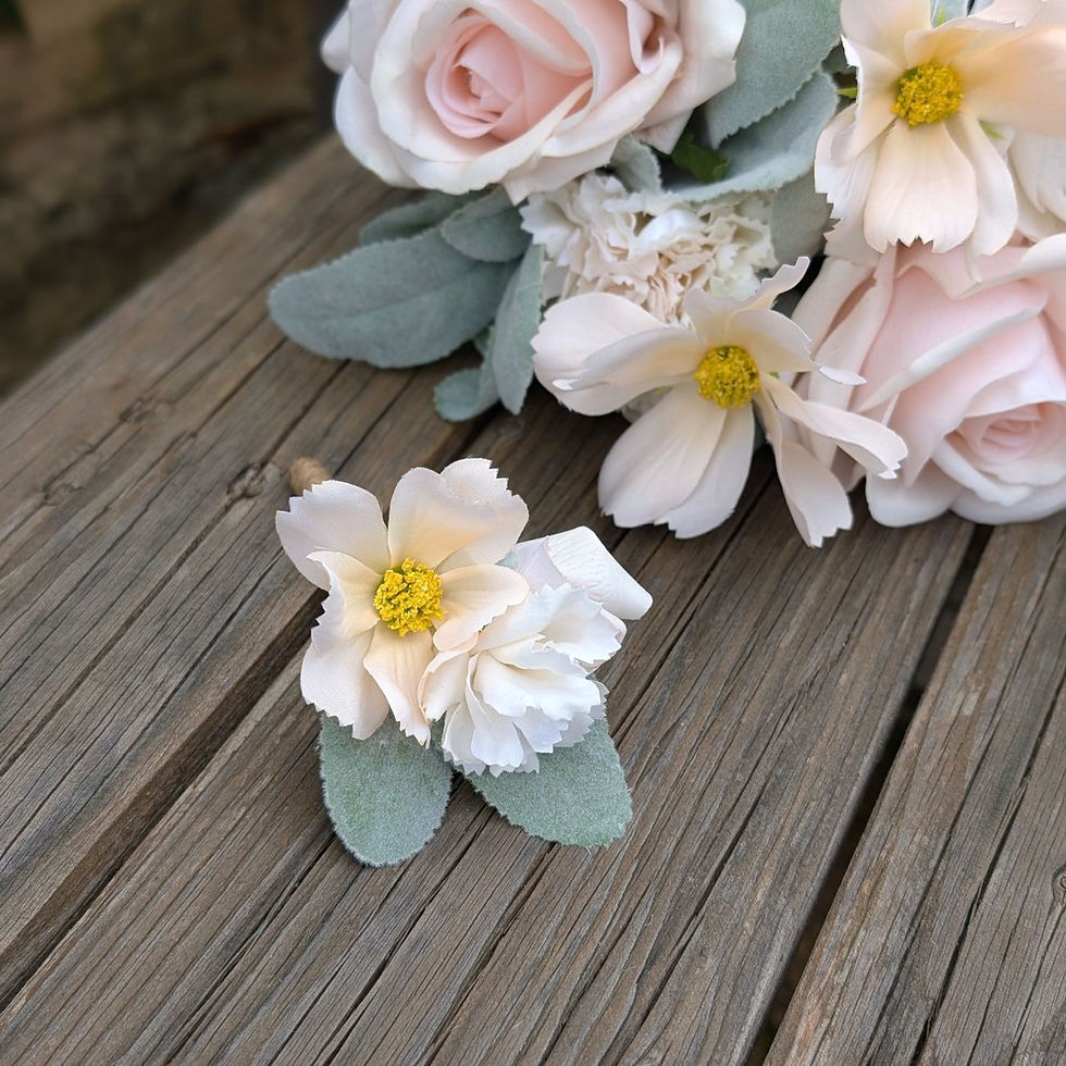 Thumbnail: Dreamy Pastels artificial wedding buttonhole with cosmos and rosebud