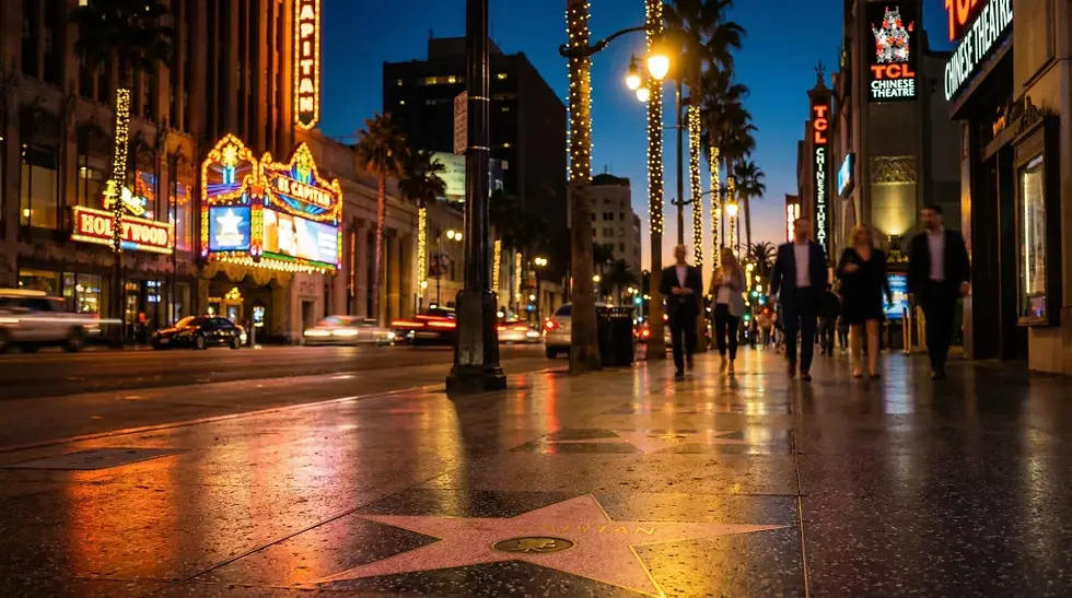 Los Angeles walk of fame at night.