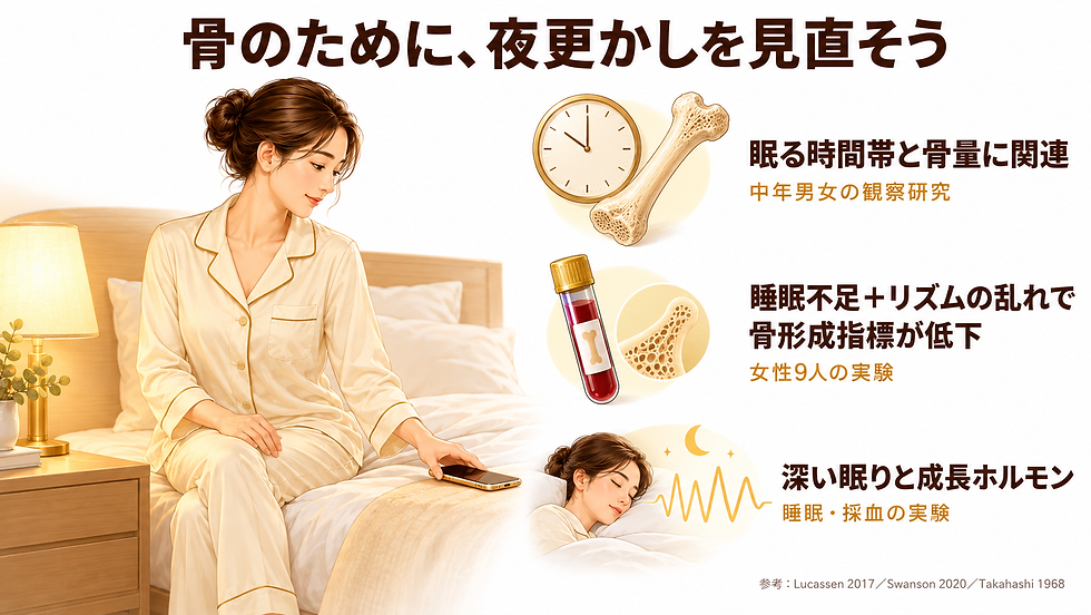 夜の用事を終えて眠る準備をする女性と、骨と睡眠の三つの研究を示す図