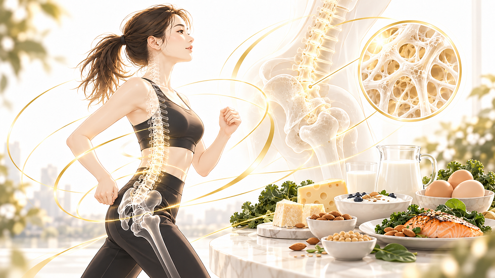 運動と食事で骨の健康を支える女性の白・金基調イラスト