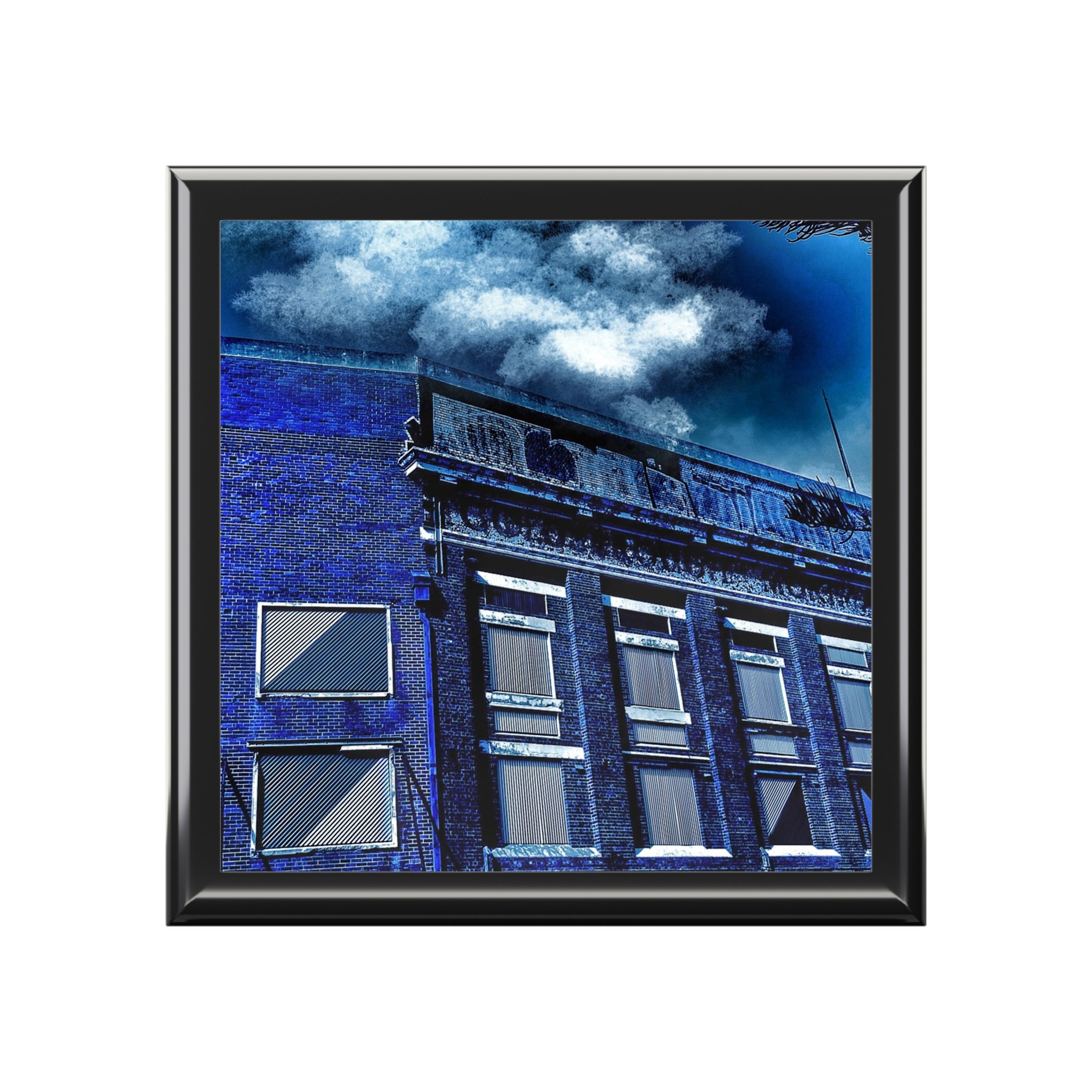 Blue Urban Building Jewelry Box — Decorative Keepsake Box with Cityscape Lid