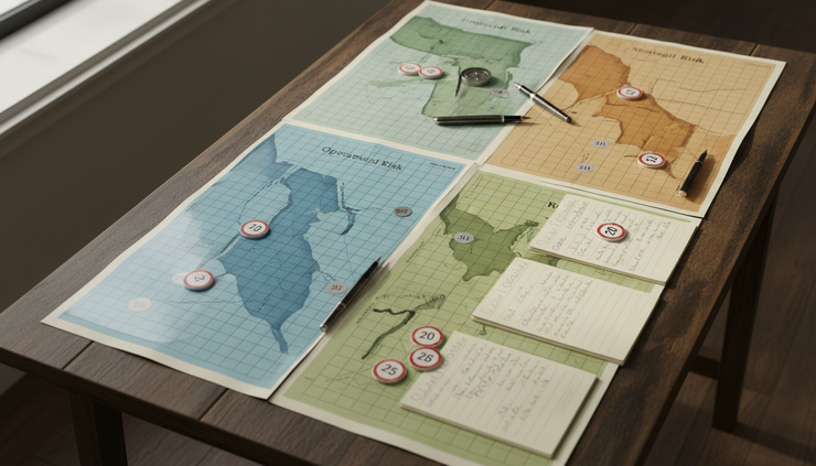 Overhead view of color-coded paper maps, transparent overlays, and small risk markers on a large table.