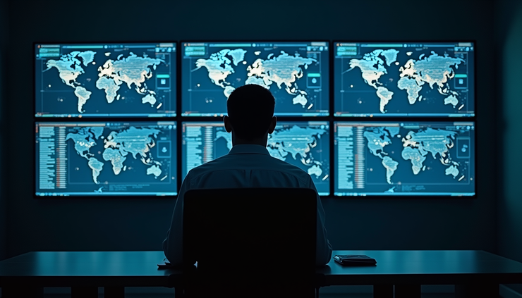 Eye-level view of a cybersecurity analyst monitoring multiple digital threat maps on screens