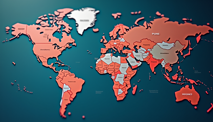 Eye-level view of a global map with interconnected points representing international partnerships