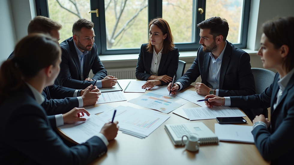High angle view of a corporate team collaborating on compliance strategy