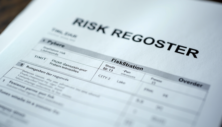Eye-level view of a detailed risk register document with categorized risks and assigned owners