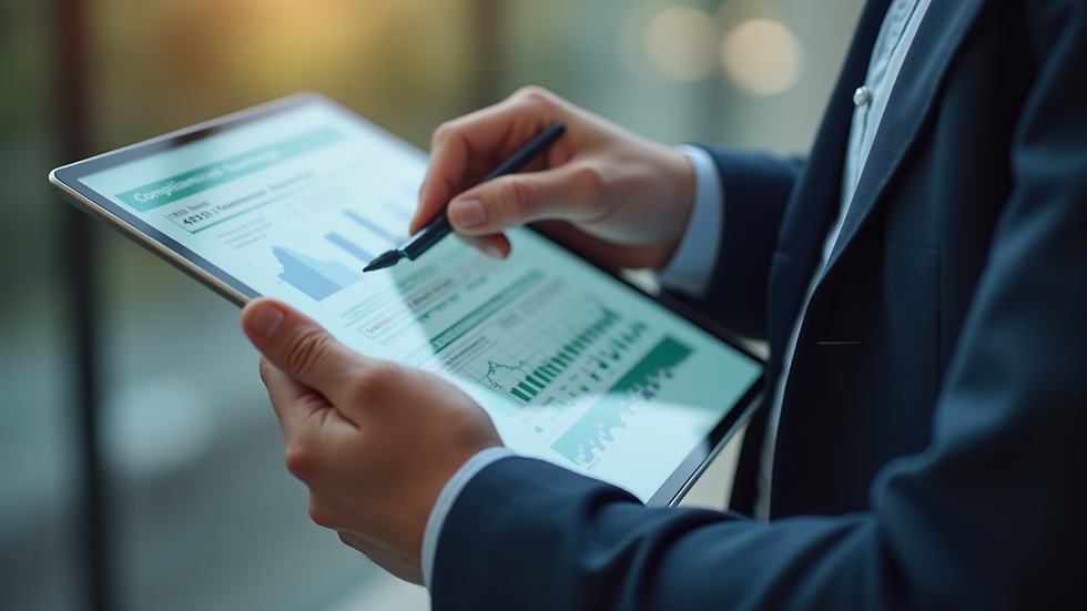 Close-up view of a consultant presenting compliance strategy on a digital tablet