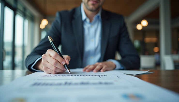 Eye-level view of a compliance officer reviewing documents in a modern office