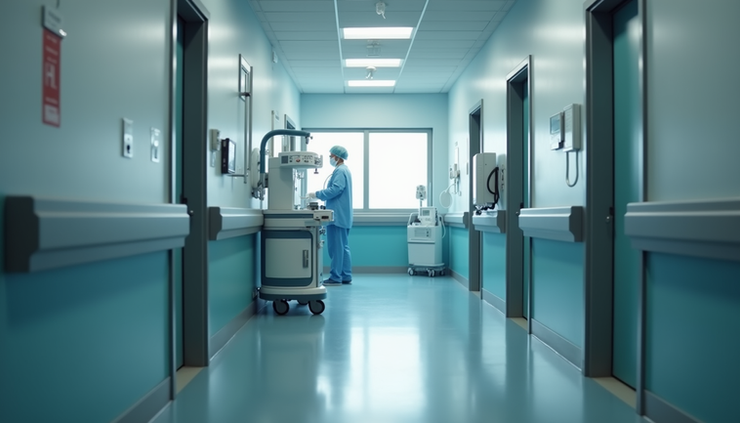 Eye-level view of a modern hospital corridor with clinical staff and medical equipment