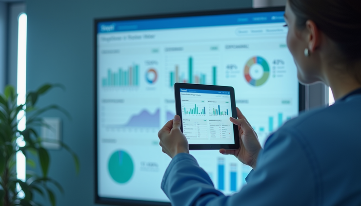Eye-level view of a digital dashboard showing compliance workflow status in a healthcare setting