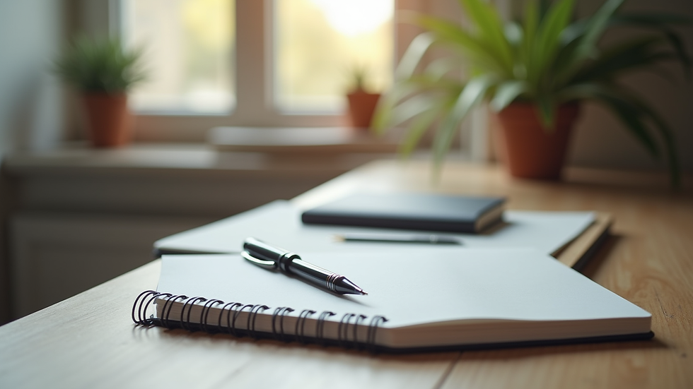 Eye-level view of a serene workspace with a journal and pen