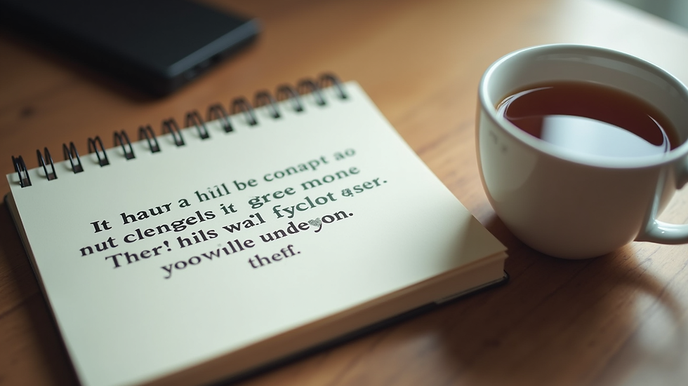 Close-up of a notebook with motivational quotes and a cup of tea