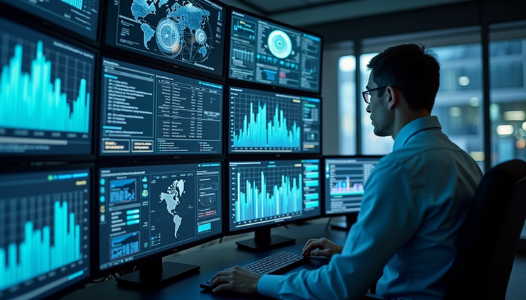 Eye-level view of a modern control room with multiple screens showing compliance dashboards