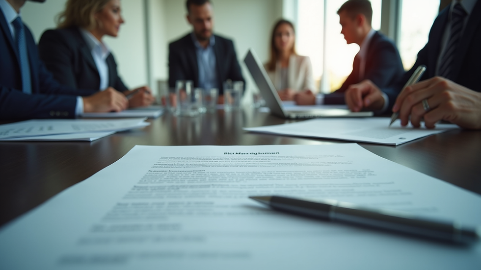 High angle view of a conference room table with documents and laptops during a risk management meeting