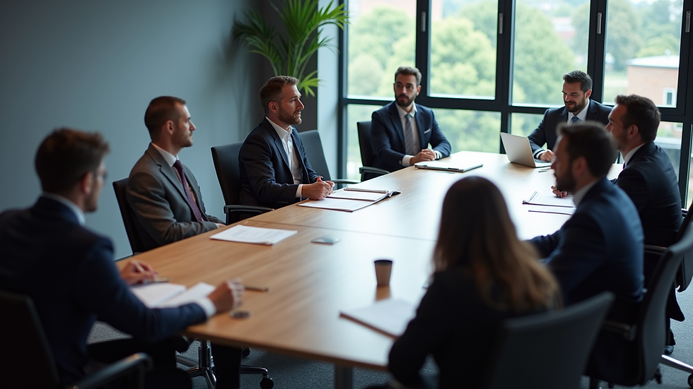 High angle view of a conference room with a team discussing risk management strategy