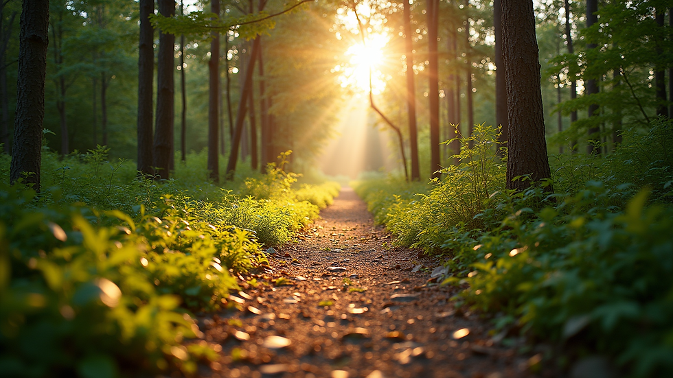 Eye-level view of a serene path through a sunlit forest
