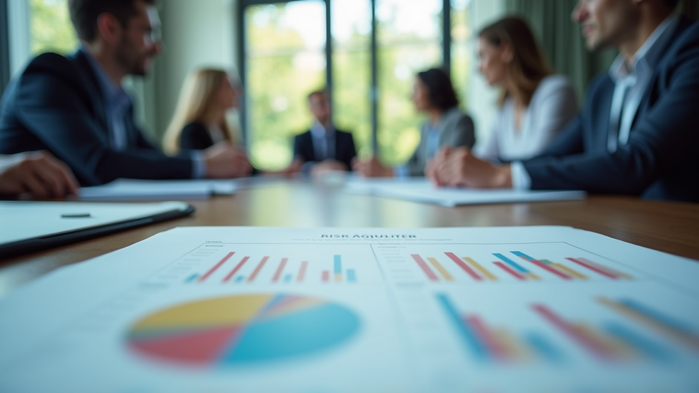 Eye-level view of a corporate meeting room with risk management charts on the table