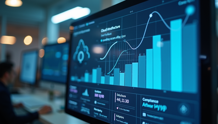 Eye-level view of a cloud infrastructure dashboard showing cost analytics and compliance status