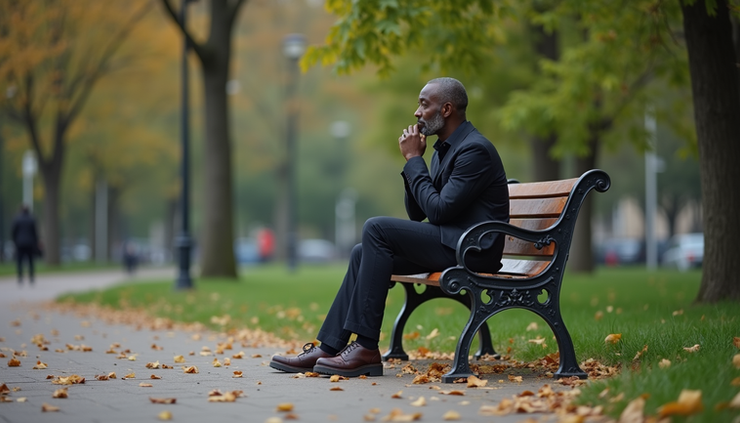 Eye-level view of a thoughtful Black man sitting alone on a park bench