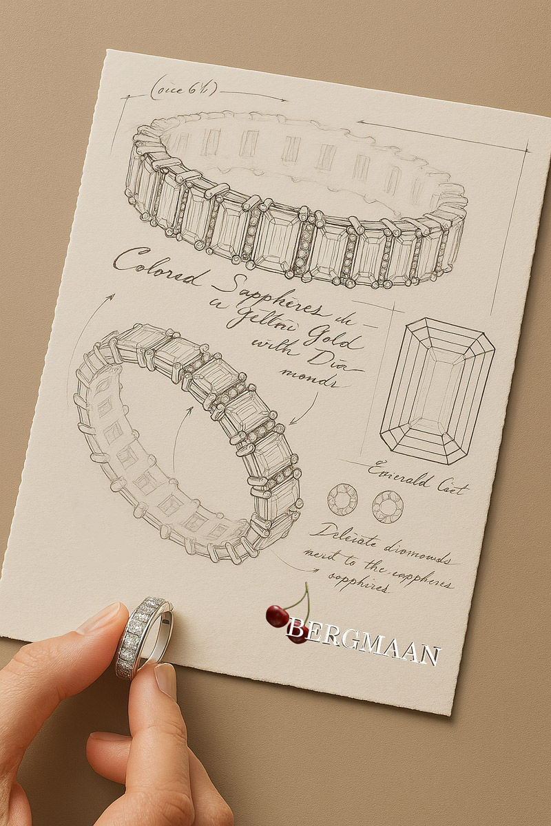 Designer’s hand sketching triangle earrings featuring triangular brilliant-cut diamonds and radiant cut shapes, with BERGMAAN