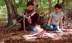 Family camping woodland fire