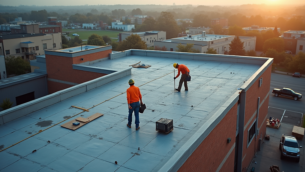 High angle view of construction workers installing roofing on a commercial building