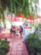 Entrance to outdoor dining garden area at FARM in Palm Springs