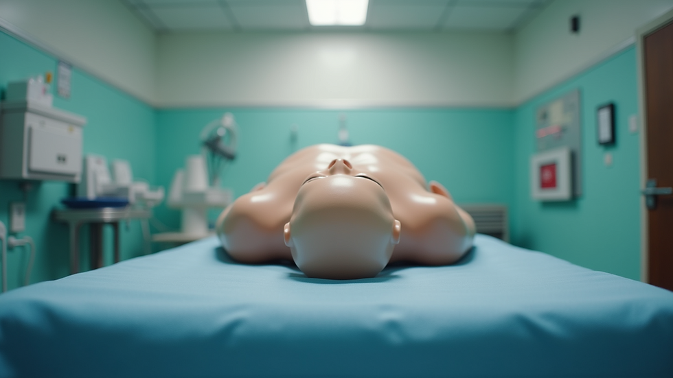 Eye-level view of CPR mannequin on training table
