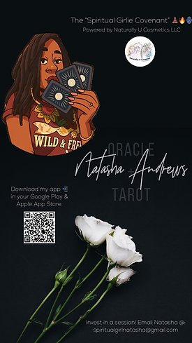 oracle and tarot cards held by a brown woman with locs and a QR code to scan in order to downlolad the naturally u cosmetics app