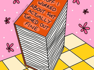 a art piece with a book and flowers and a pink and yellow checkered background
