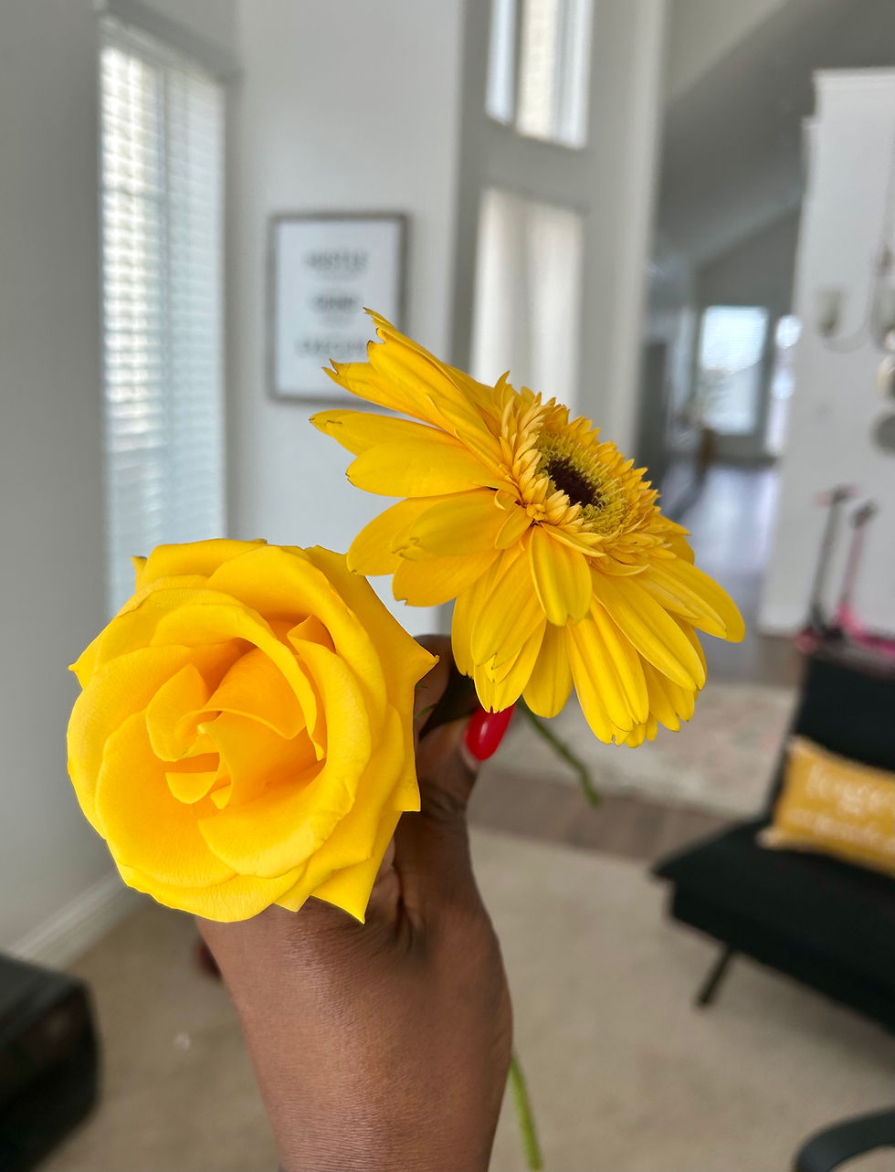 a yellow rose and a yellow sunflower with a yellow pillow with white writing on it is in the background