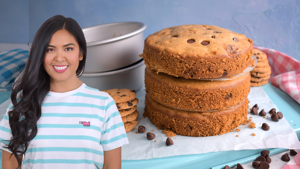 Woman with dark hair smiling and wearing a striped t-shirt; 3 layer chocolate chip cookie cake surrounded by chocolate chips and cookies